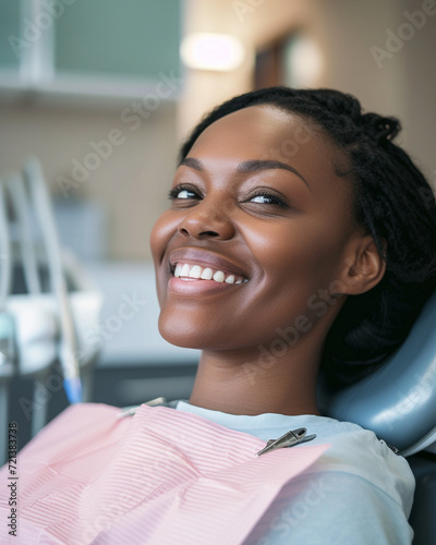 Confident African American Female with Radiant Smile Seated in Dentist Chair, Exemplary Dental Health, Modern Clinic Environment