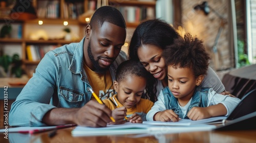 Parents helping their kids with homework in a modern study corner, showcasing a supportive learning environment, [strong happy family with children having a good time in their mode