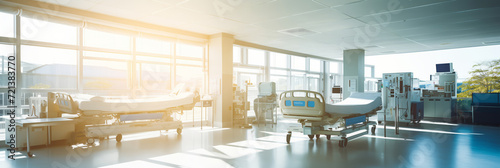 Panorama Bright hospital room with bed and advanced medical equipment, large windows with sunlight. © Adin