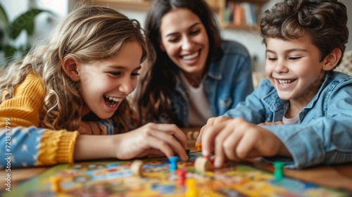Family board game tournament in the living room, showcasing friendly competition and laughter, [strong happy family with children having a good time in their modern home]