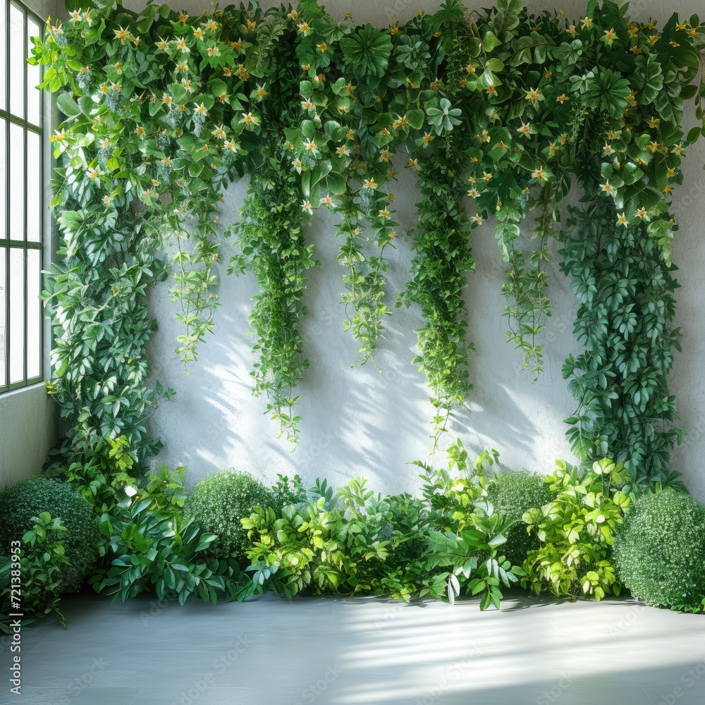 Fototapeta premium Botanical Bliss: Greenery Wall, a Natural Tapestry of Tranquility