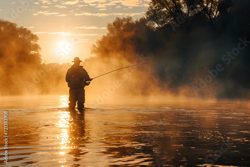 Fly Fisherman in Mist on River at Sunset