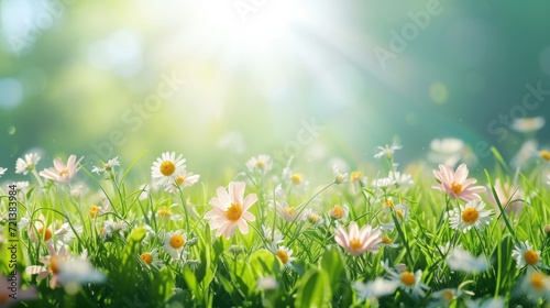 Idyllic Spring Scenery: Blooming Trees and Daisies in a Vibrant Meadow under Blue Sky