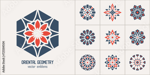 Arabic circular geometric symbols set. Vector monochrome mosaic oriental ornamental emblems for logos, patterns and design