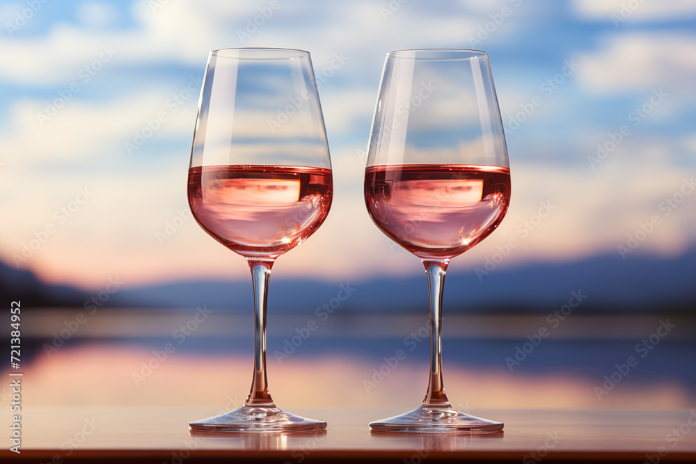 Two glasses of pink wine on the background of the lake and the sky.