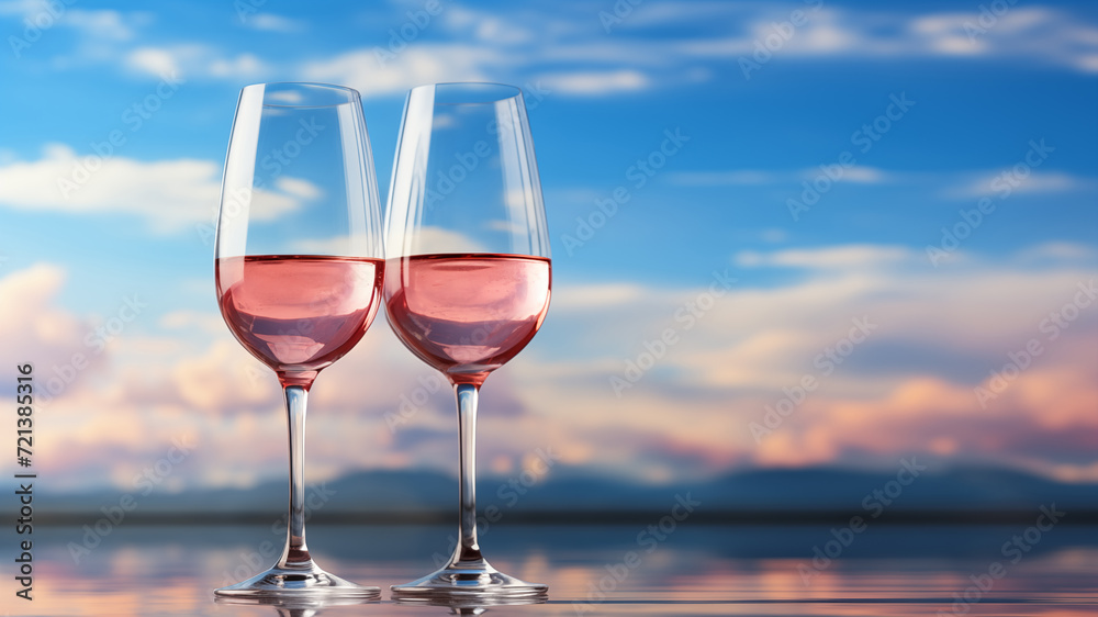 Two glasses of pink wine on the background of the lake and the sky. Copy space.