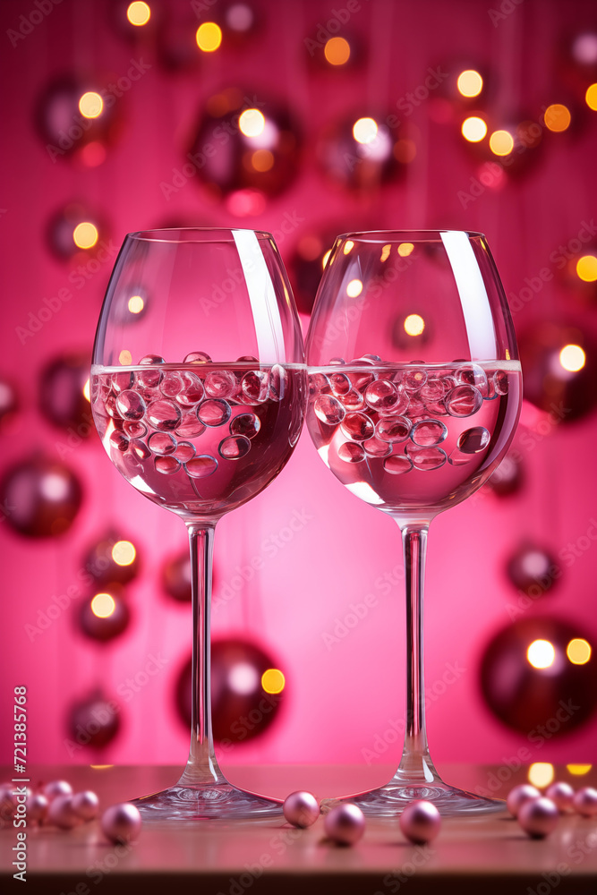 Two glasses of wine on pink background with balloons. Two glasses of wine on pink background with balloons.