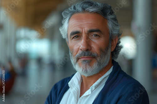 Portrait of a middle aged arabian businessman with modern interior urban office background, generative ai