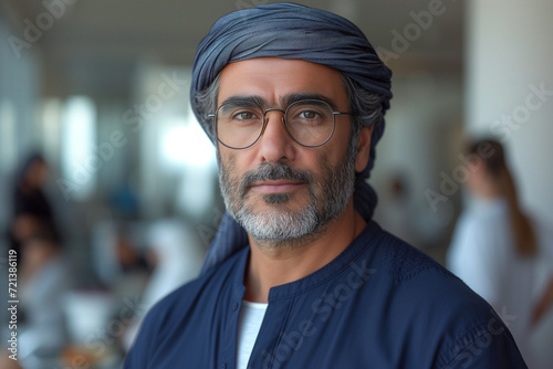 Portrait of a middle aged arabian businessman with modern interior urban office background, generative ai © Lathd