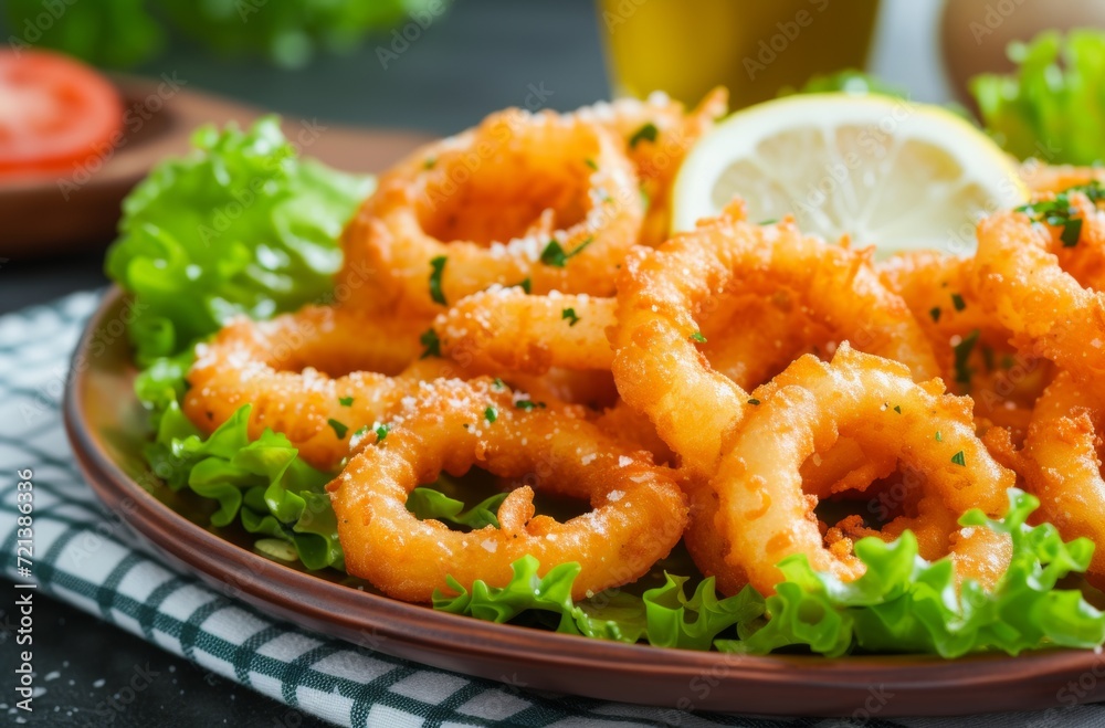 Crispy Fried Calamari Rings with Lemon and Greens: Authentic Italian Appetizer Photo