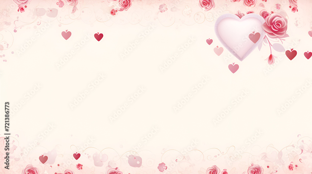 Valentine's day background with hearts and rose flowers. Beautiful floral frame with free space.