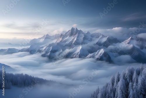 Winter landscape  scenery of snow covered mountains  aerial view
