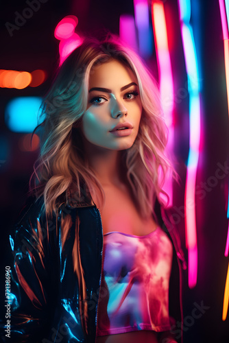 portrait of a cute blonde young woman in neon light