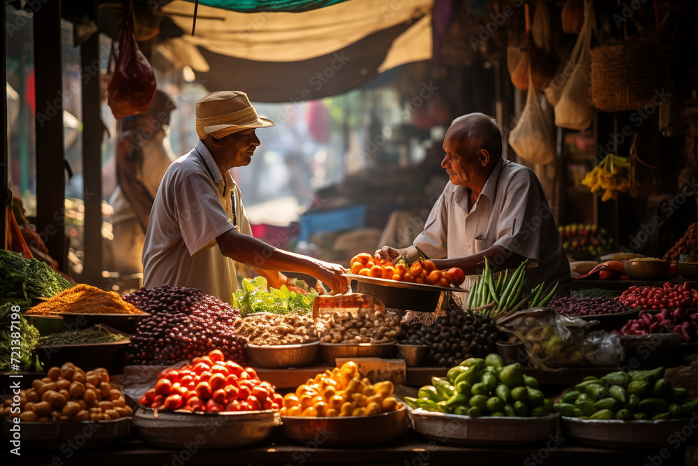 Senior men engaging in buying and selling fresh produce at a traditional outdoor market. Senior men engaging in buying and selling fresh produce at a traditional outdoor market.