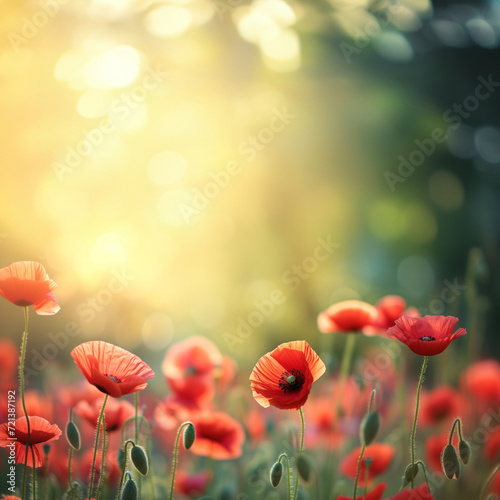 red poppies along bottom of garden with blurry blank copy text space in background, frame template 