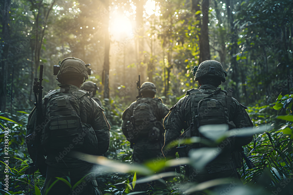 Military Soldiers in Jungle Looking Towards the Sun