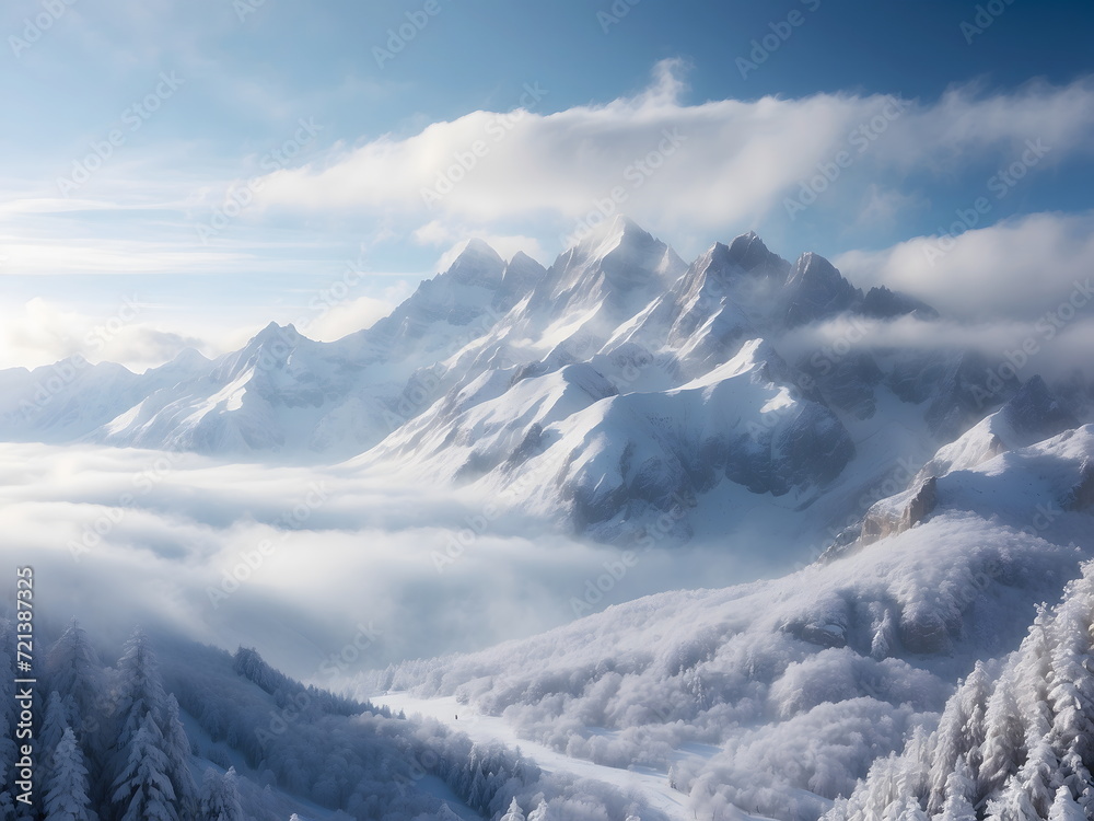Winter landscape: scenery of snow covered mountains, aerial view