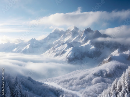 Winter landscape: scenery of snow covered mountains, aerial view