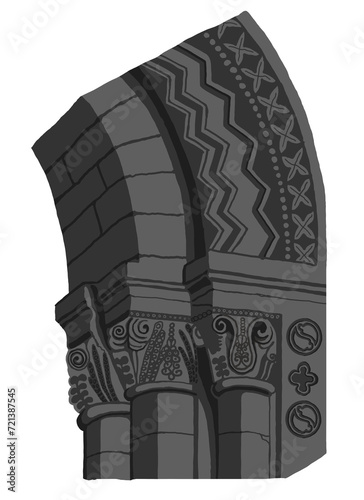 Gothic buttress arch stylized drawing. Architectural stone support with columns; european medieval cathedral/church piers illustration, detailed archivolt