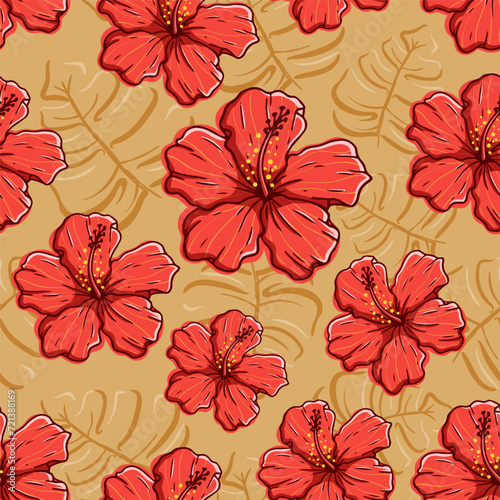 Fototapeta Naklejka Na Ścianę i Meble -  Hand drawn hibiscus flower in seamless pattern vector illustration