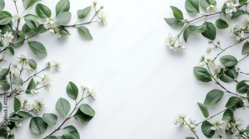 Minimalist Green Plant Leaves with Shadow Play on White Background, Open Space for Text or Logo