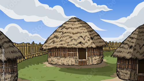 Rumah Honai Papua Indonesia traditional House cartoon hand Drawn Illustration