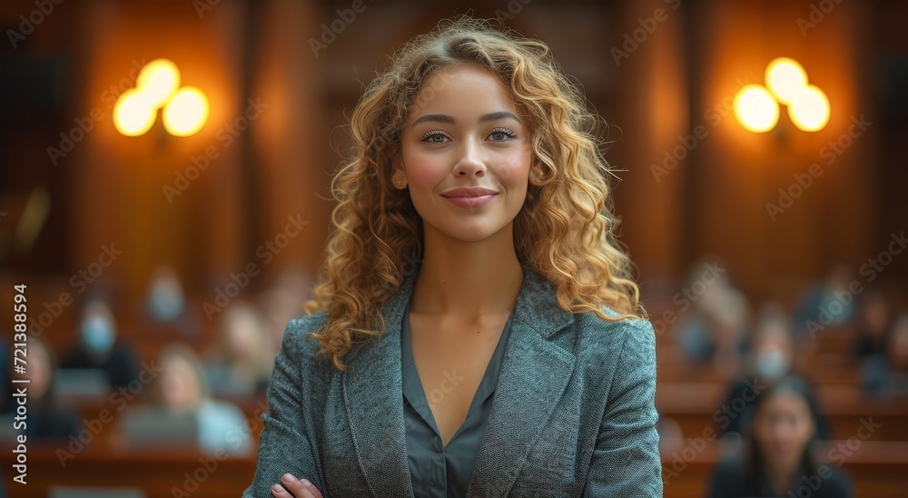 A cheerful lady with curly hair and a warm smile, clad in a grey jacket, radiates comfort and charm indoors - obrazy, fototapety, plakaty 