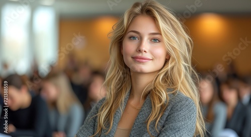 A radiant lady with a contagious smile showcases her layered blonde locks and fashionable clothing in an indoor setting  exuding confidence and femininity