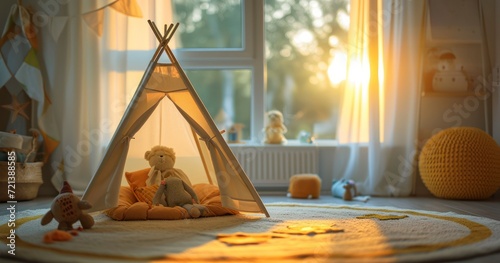 A Cheerful and Creative Children's Bedroom with a Play Tent, Toys, and Dolls, Basking in Sunlight