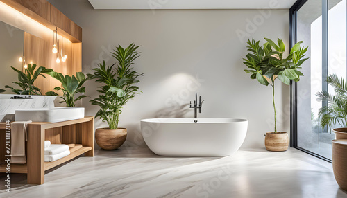 Modern minimalist bathroom interior, bathroom cabinet, white sink, vanity, indoor plants, bathroom accessories, bathtub and shower, beautiful marble floor, copy space, © Perecciv