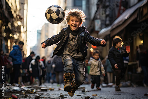 Young boy enthusiastically plays with a soccer ball, showcasing his dribbling skills and determination.