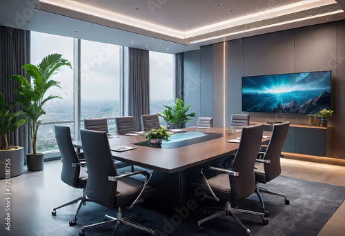 Modern executive room for high-level meetings and conferences, stylish desk and office chairs, Conference room ready for next-level executive meetings, copy space, © Perecciv