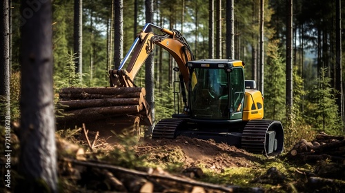 Lumberjack with modern harvester vehicle, in forest.Wood as an energy source