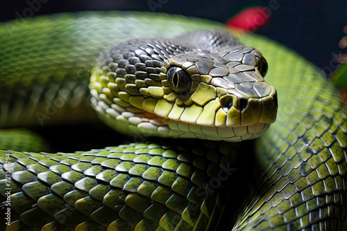 A captivating close-up of a vibrant green snake gracefully coiled on a branch, creating a mesmerizing display of natures beauty.