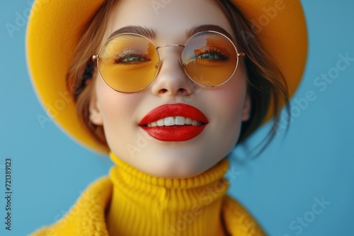 A happy woman with sunglasses  red lips  and an open mouth  looking ahead