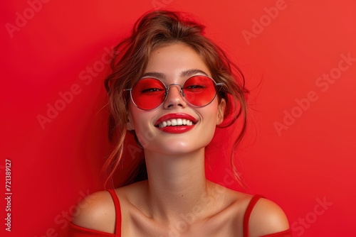 A happy woman with sunglasses, red lips, and an open mouth, looking ahead
