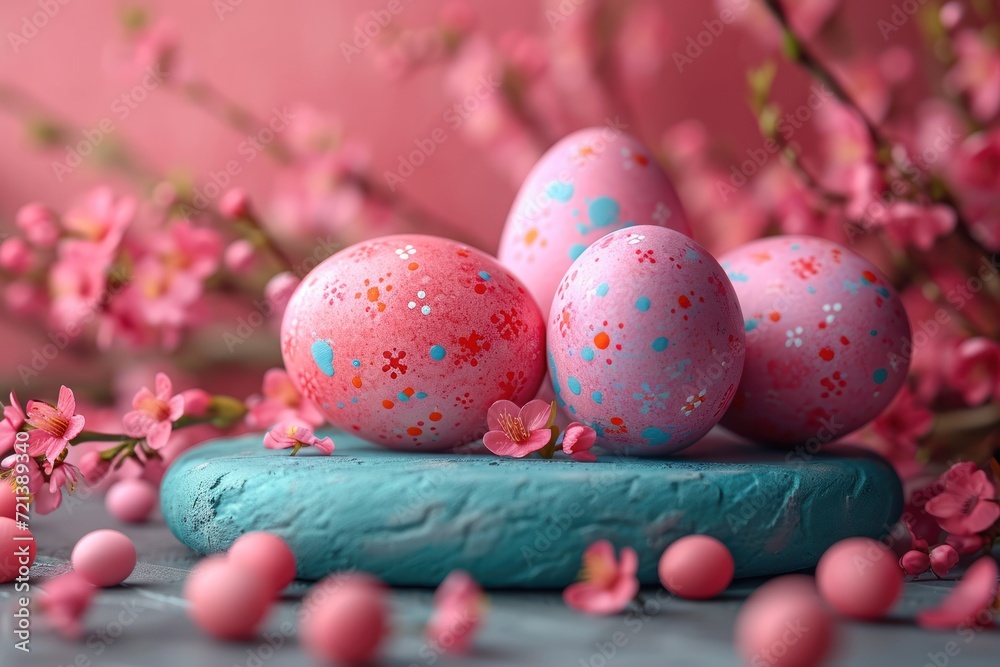 Colourful easter eggs on a podium in 3d style