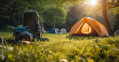 Under the Open Sky. A Well-Equipped Camping Spot with a Tent and Backpack on a Green Lawn