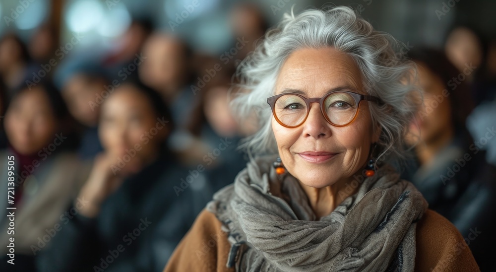 A stylish and confident woman with a warm smile wearing glasses and a scarf, showcasing both her fashionable sense and her commitment to vision care