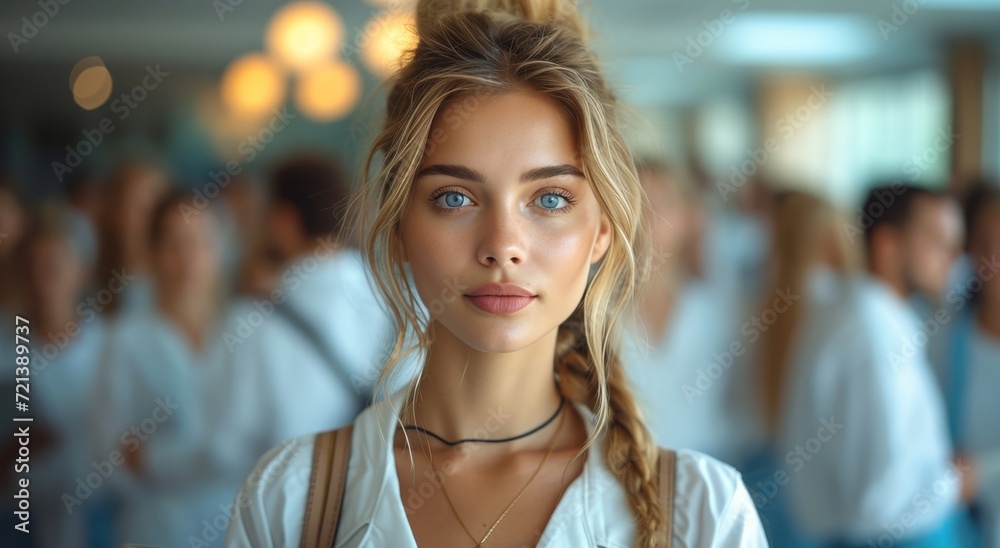 A stylish lady with long, layered blonde hair and piercing blue eyes gazes confidently at the viewer, her flawless skin and perfectly groomed eyebrows highlighting her natural beauty and fashion-forw