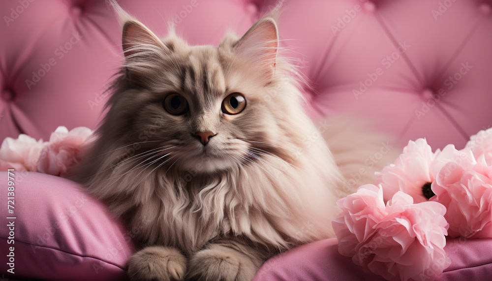 Cute kitten sitting on bed, looking at flower with love generated by AI