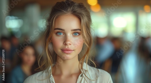 A portrait of a stylish woman with blue eyes, freckles, and feathered brown hair, wearing a layered outfit and a warm smile, showcasing her unique beauty and confident fashion sense through the delic