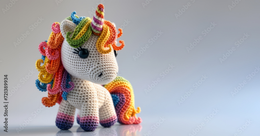 Unicorn toy. Handmade unicorn toy on grey background. In the style of a crocheted toy.