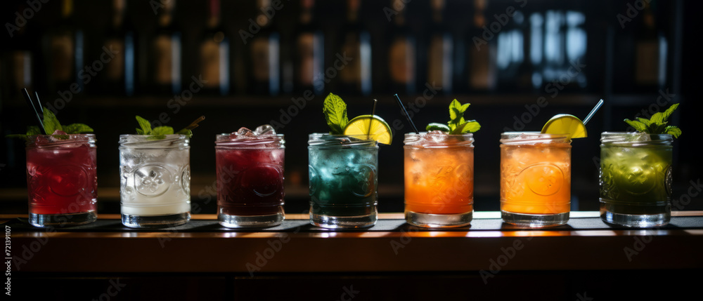 Colorful Assortment of Cocktails on Bar Counter.