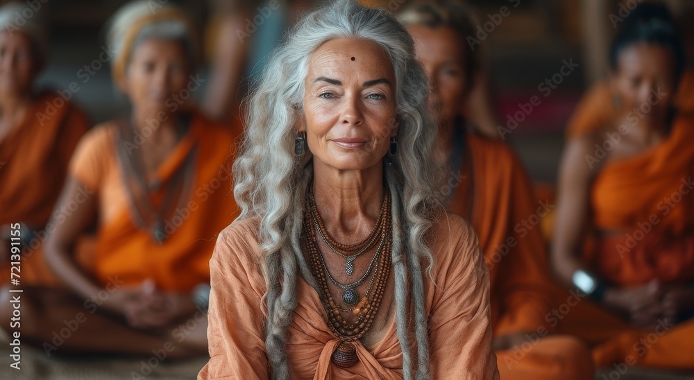 A serene woman with long white hair and an ornate necklace stands in a temple, dressed in orange clothing like a monk, exuding a sense of peace and spirituality