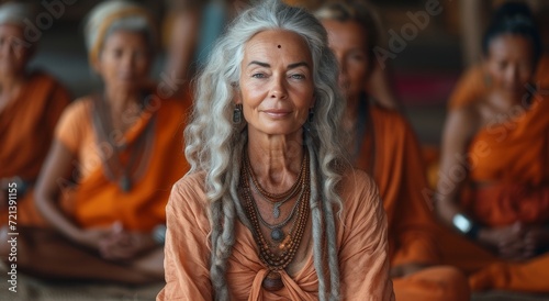 A serene woman with long white hair and an ornate necklace stands in a temple, dressed in orange clothing like a monk, exuding a sense of peace and spirituality