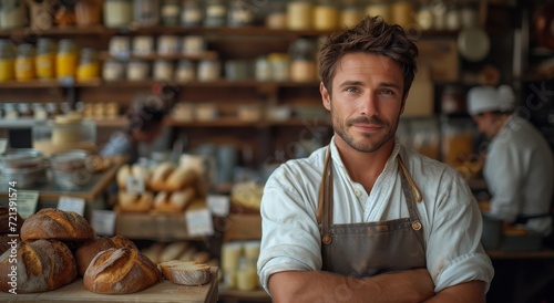 Stampa su tela A confident man in a bakery apron stands with his arms crossed, overseeing the f