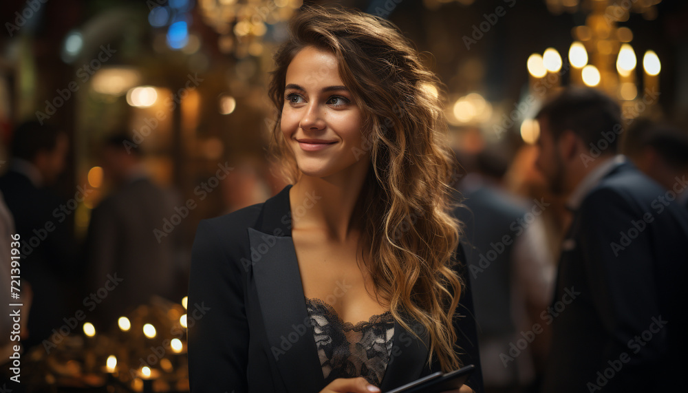 Smiling young woman enjoys the nightlife, confident and illuminated generated by AI