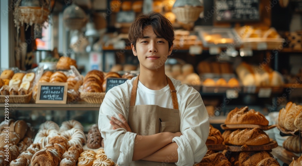 A hungry customer eagerly awaits their turn to indulge in the warm and aromatic selection of freshly baked pastries and bread at the bustling bakery