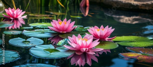 Pink Lily Blooms Reflect in Tranquil Water of a Scenic Pond  A Serene Pink Lily Pond Display with Graceful Water Blossoms Creates a Blissful Oasis